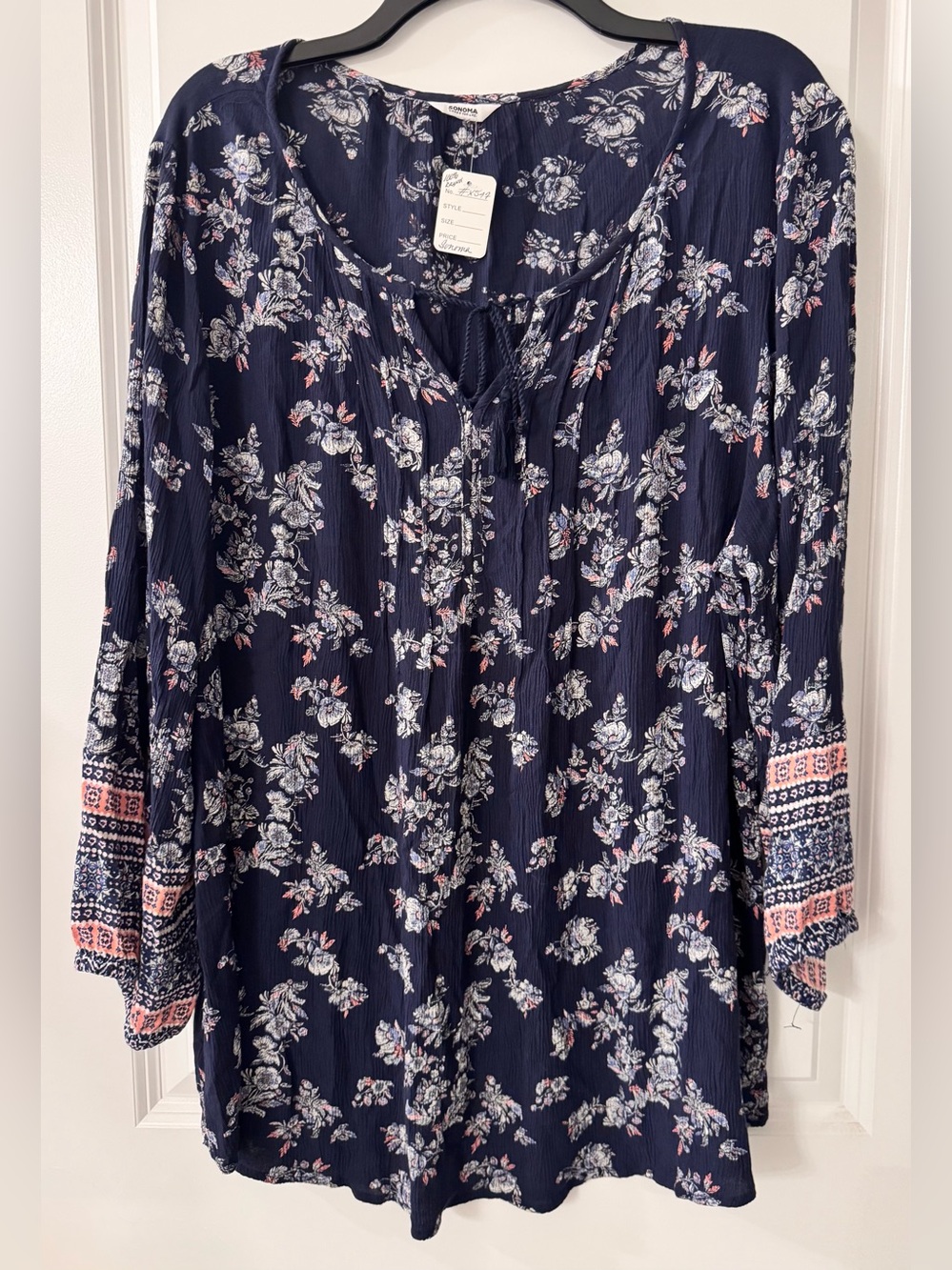 #x547 - Sonoma Crinkle Gauze Split Tie-Neck Peasant Top Blouse Blue Multi Floral
